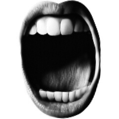 Opened woman mouth in scream as retro halftone collage elements for mixed media design. Lips in halftone texture, dotted pop art style. Vector illustration of vintage grunge punk crazy art templates. - 591209891