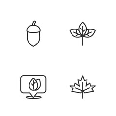 Set line Canadian maple leaf, Location with, Acorn and Leaf icon. Vector