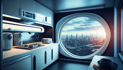 Cozinha futurista com vista pra cidade