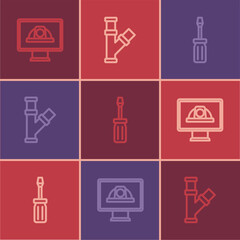 Set line Worker safety helmet, Screwdriver and Industry metallic pipe icon. Vector