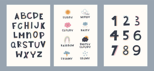 Cute hand drawn posters with rainbow, weather, education elements in boho style. Cartoon doodle print with Numbers and Alphabet for nursery. Design for card, label, book cover, poster, flyer, banner