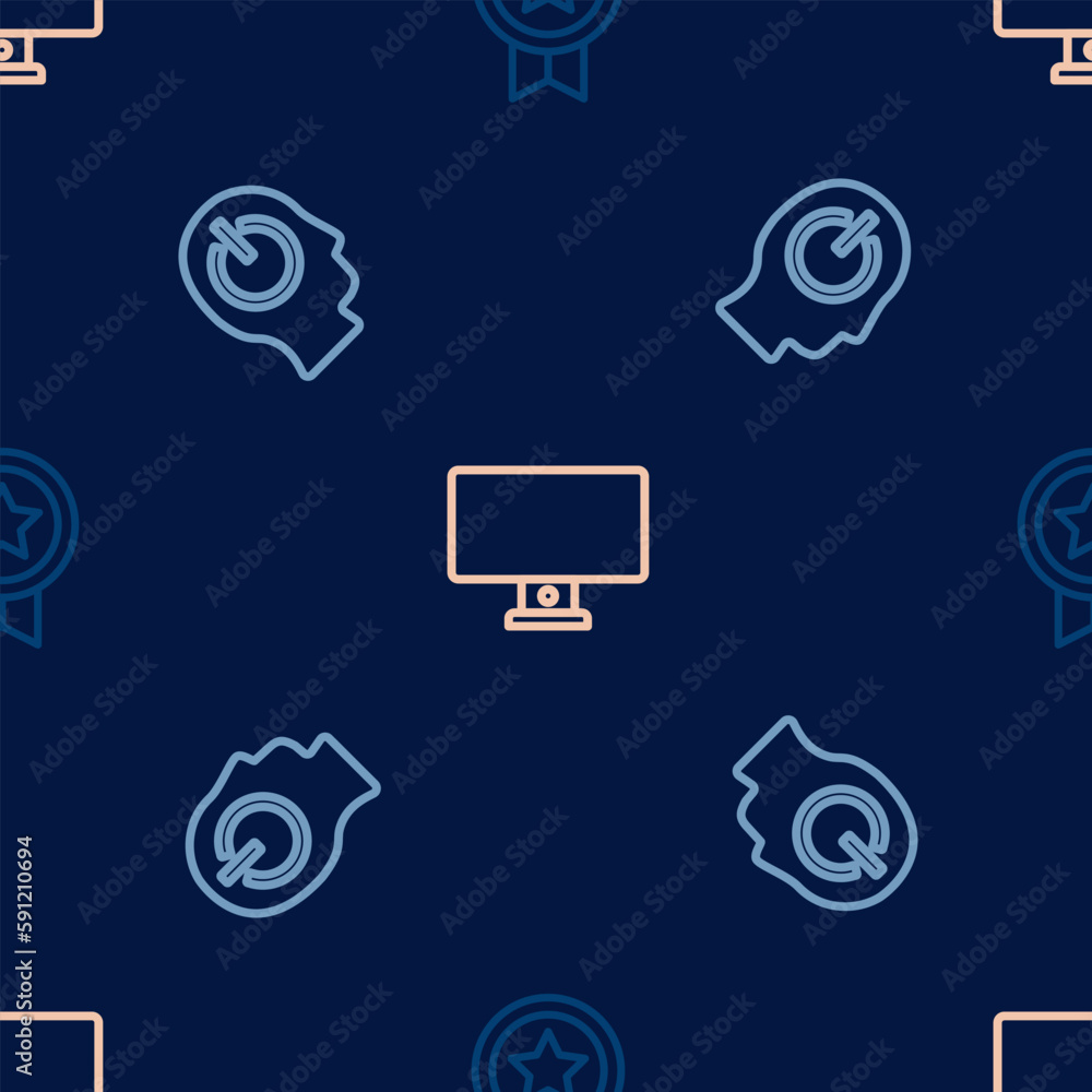 Poster set line game rating with medal, power button and computer monitor on seamless pattern. vector