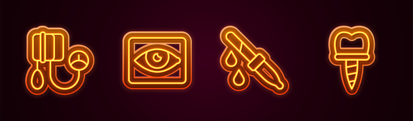 Set line Blood pressure, Red eye effect, Pipette and Dental implant. Glowing neon icon. Vector
