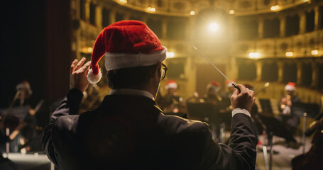 Cinematic Shot of Symphony Orchestra with Performers all Wearing Santa Hats Playing Violins, Cello and Trumpet on Classic Theatre with Curtain Stage During Christmas Music Concert © Kitreel