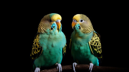 Isolated Colorful Two Parakeets On Black Background, Generative Ai