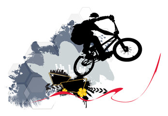 Fototapeta na wymiar Active young man doing tricks on a bicycle, extreme sport concept. Sport background ready for poster or banner, vector.