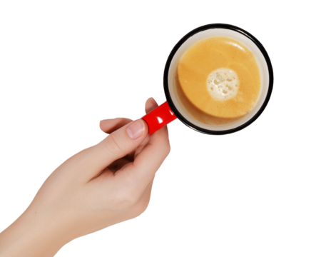 Woman hand and red coffee cup on transparent background