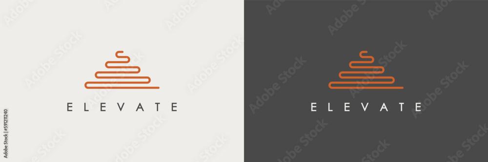 Poster Abstract Elevate Logo Image. Red Geometric Line Waves Stairs Symbol isolated on Dual Background. Flat Vector Logo Design Template Element for Business and Branding Logos.