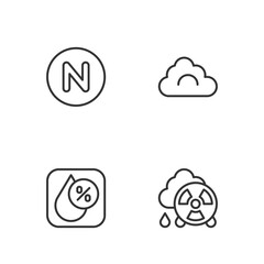 Set line Acid rain radioactive cloud, Water drop percentage, Compass north and Cloud icon. Vector