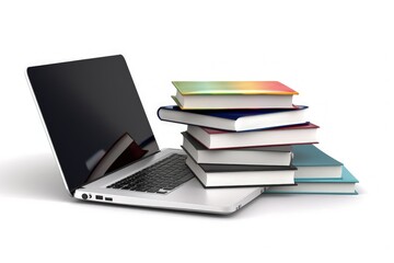 Laptop and books illustration, technology and knowledge concept, white background. Generative AI - obrazy, fototapety, plakaty