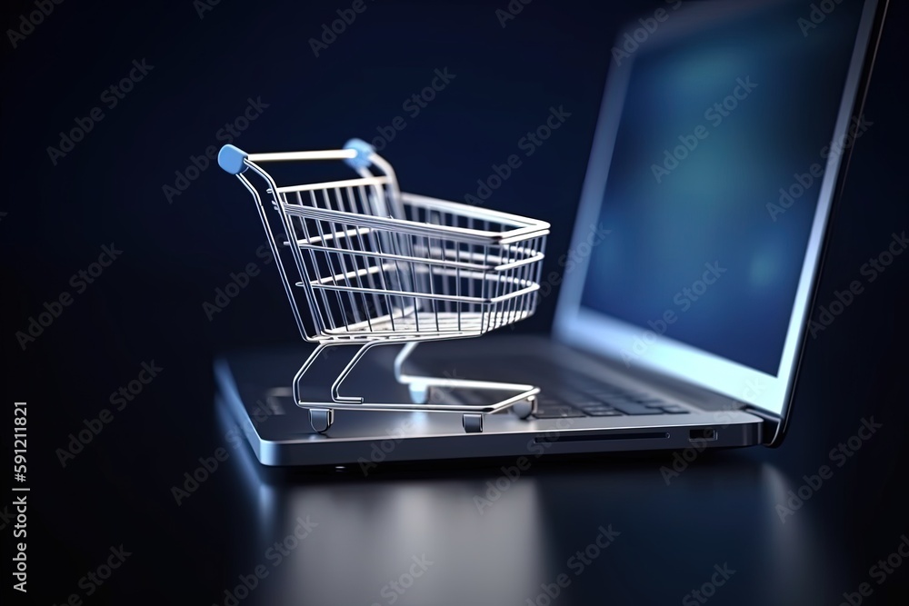 Wall mural illustration of shopping cart and laptop, online stores concept, blue background. generative ai