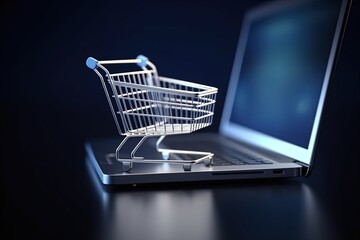 Illustration of shopping cart and laptop, online stores concept, blue background. Generative AI - obrazy, fototapety, plakaty