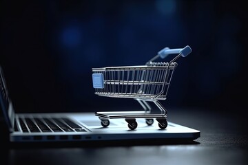 Illustration of shopping cart and laptop, online stores concept, blue background. Generative AI