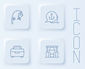 Fototapeta premium Set line Fishing rod and fish, hook, Case or box for fishing equipment and Campfire pot. White square button. Vector