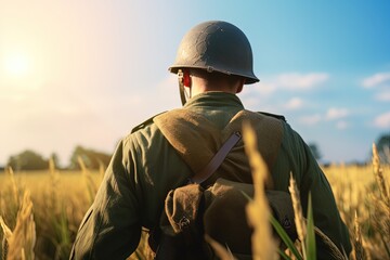 Landscape with World War II soldier from behind, field in the background. Generative AI