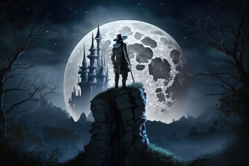 Witcher illustration from the back, medieval castle in the background, fantasy concept. Generative AI