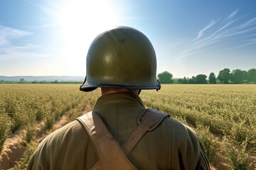 Landscape with World War II soldier from behind, field in the background. Generative AI