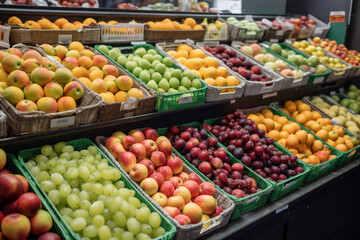 Fototapeta na wymiar fresh fruits on the shelves in the supermarket. ai generative