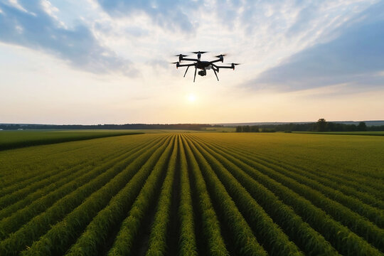 Drone fly over smart farming technology in a corn field