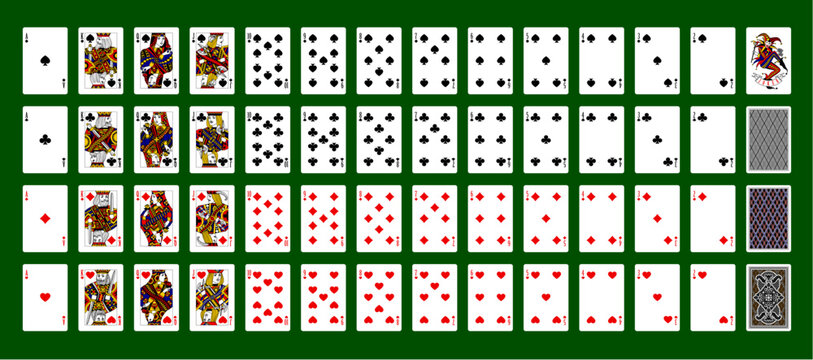 Full set of playing cards with Joker and back sides on green background. Original design. Vector illustration