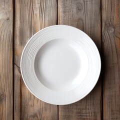 An empty plate on a white wooden table. Top view of white ceramic plate on white wooden. Generative Ai.