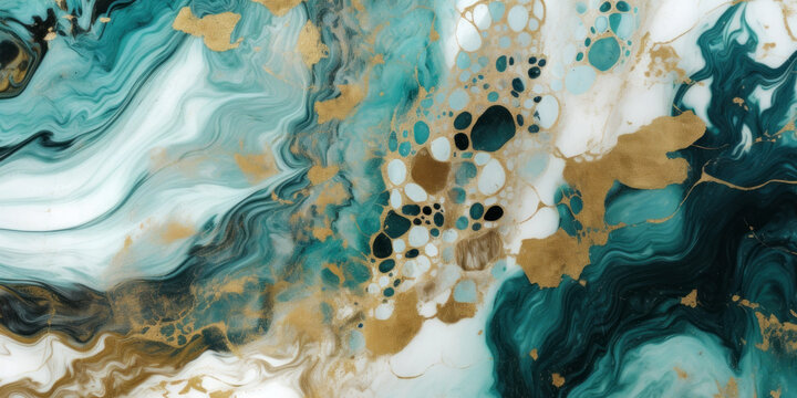 White teal turquoise and gold marble stone slab closeup wallpaper background, Generative Ai.