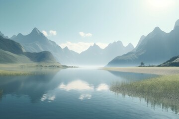 A minimalist landscape with a lake or river, Generative AI