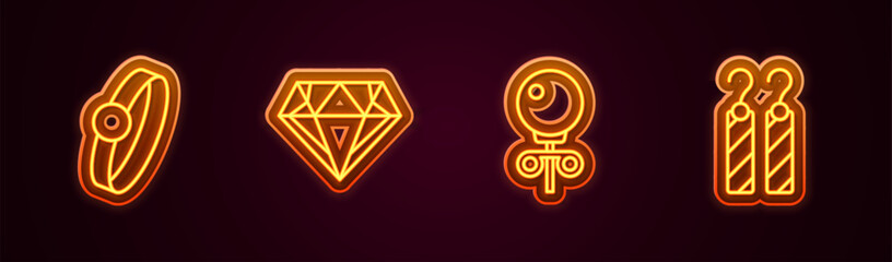 Set line Diamond engagement ring, Stud earrings and Earrings. Glowing neon icon. Vector