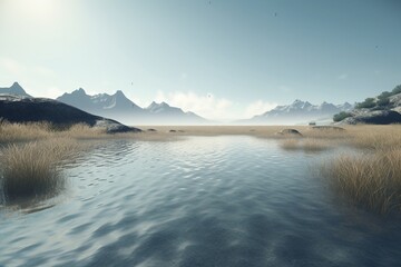 A minimalist landscape with a lake or river, Generative AI