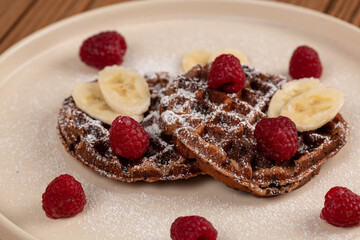 Cottage cheese and banana waffles with chocolate