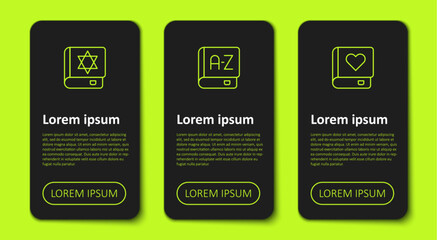 Set line Jewish torah book, Translator and Romance. Business infographic template. Vector