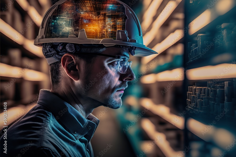 Poster technological engineer portrait ensuring high-quality and precise production quota on factory assemb