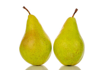 Two whole sweet juicy pears, close-up, on a white background.