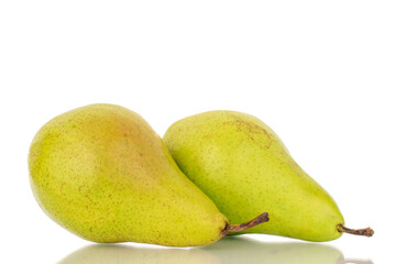 Two whole sweet juicy pears, close-up, on a white background.