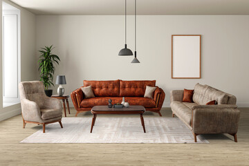 3D rendering interior modern living room white carpet , parquet floor and photo frame .modern furniture set.
