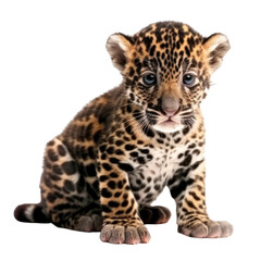 close up of a leopard cub isolated on a transparent background, generative ai