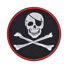 Embroidered patch depicting a skeleton, skull, death. Accessory for metalheads, punks, rockers, bikers, satanists, emo, street aggressive subcultures. Pirates style.