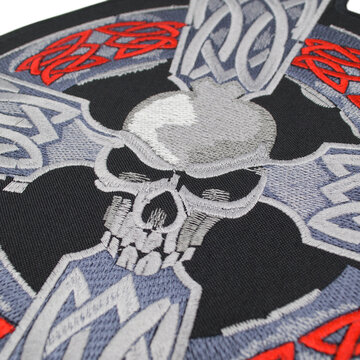 Embroidered patch depicting a skeleton, skull, death. Accessory for metalheads, punks, rockers, bikers, satanists, emo, street aggressive subcultures. Celtic cross.