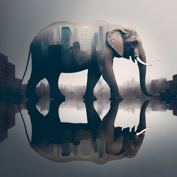 elephant and city Double Exposure Photo very realistic award winning photography 