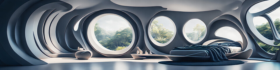 Naklejka premium Incredibly beautiful modern bedroom with large glass windows, new technology, and a hint of the future. Generative AI.