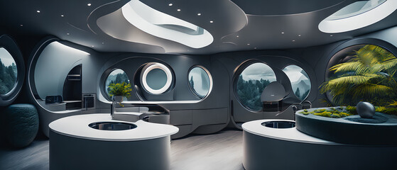 A modern kitchen with large bright windows. Futuristic technology, in the future. Generative AI.