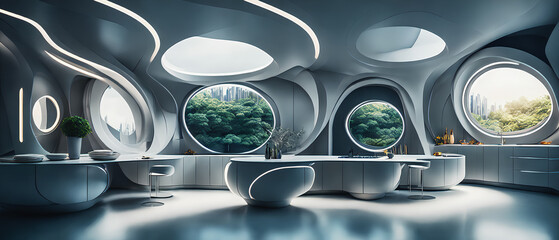 A modern kitchen with large bright windows. Futuristic technology, in the future. Generative AI.