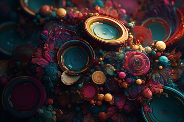 A colorful abstract design with circles and spirals, Generative AI