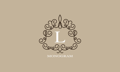 Logo template with elements of calligraphic elegant ornament and letter L in the center. Identity design for shop or cafe, store, restaurant, boutique, hotel, heraldry shop, fashion, etc.