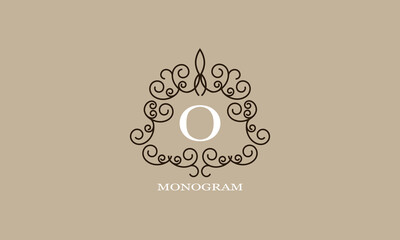 Logo template with elements of calligraphic elegant ornament and letter O in the center. Identity design for shop or cafe, store, restaurant, boutique, hotel, heraldry shop, fashion, etc.