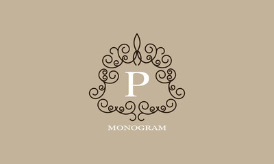 Logo template with elements of calligraphic elegant ornament and letter P in the center. Identity design for shop or cafe, store, restaurant, boutique, hotel, heraldry shop, fashion, etc.