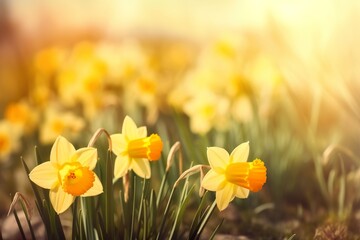 Obraz premium daffodils in beautiful natural landscape with bokeh in Background