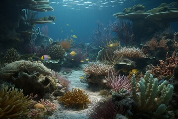 Naklejka na ściany i meble A detailed illustration of a sea or ocean scene with marine life, Generative AI