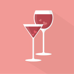 red drinks: wine and red martini glass with hearts on pink background simplified vector illustration in flat and vintage style