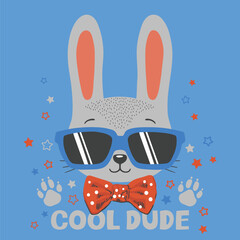 Cool Dude slogan text with rabbit boy face on dark background. Cartoon illustration for t-shirt graphics, fashion prints and other uses